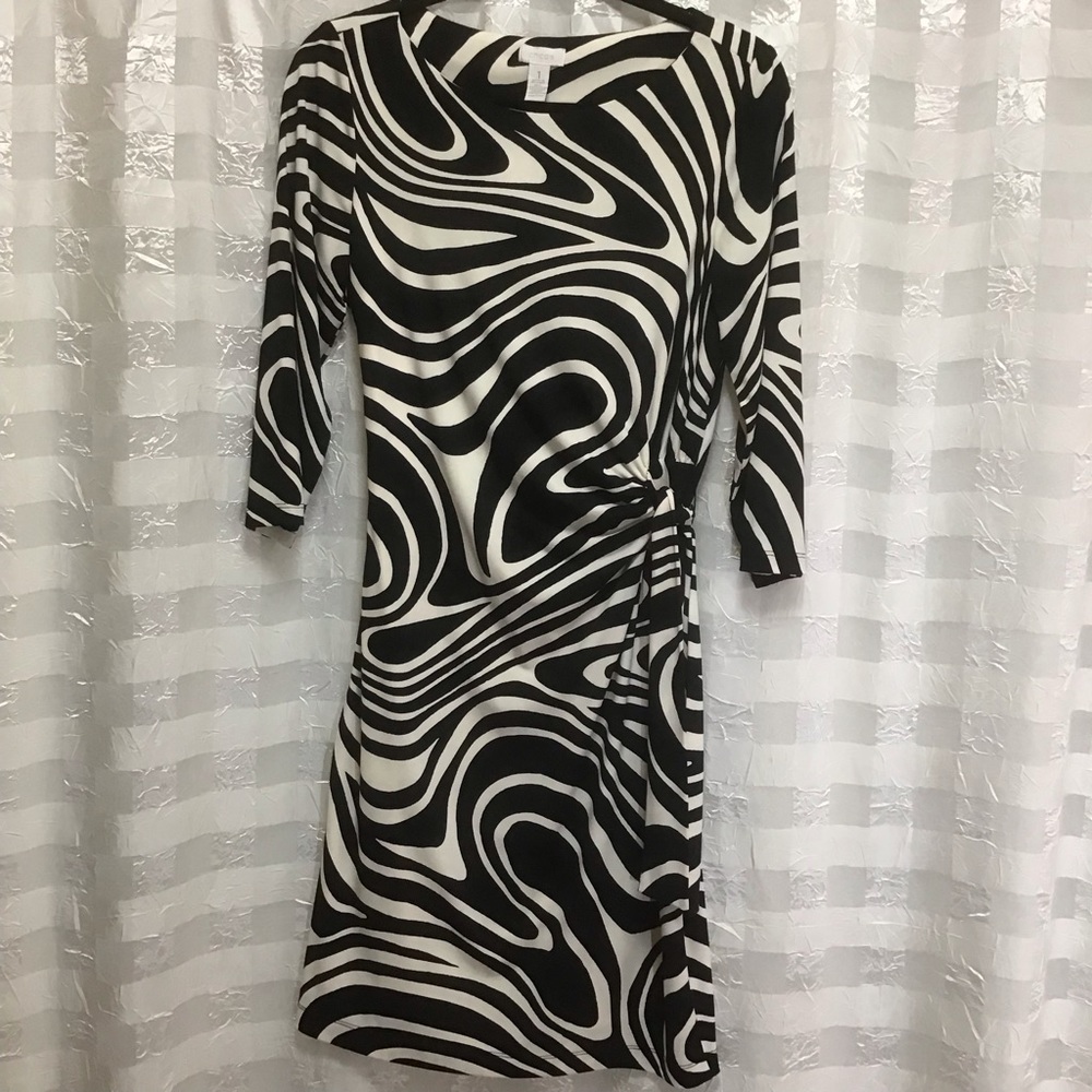Chico’s Zebra Swirl Print Black & Ecru Faux Wrap Stretchy Dress, Size 1 (8 - 10)